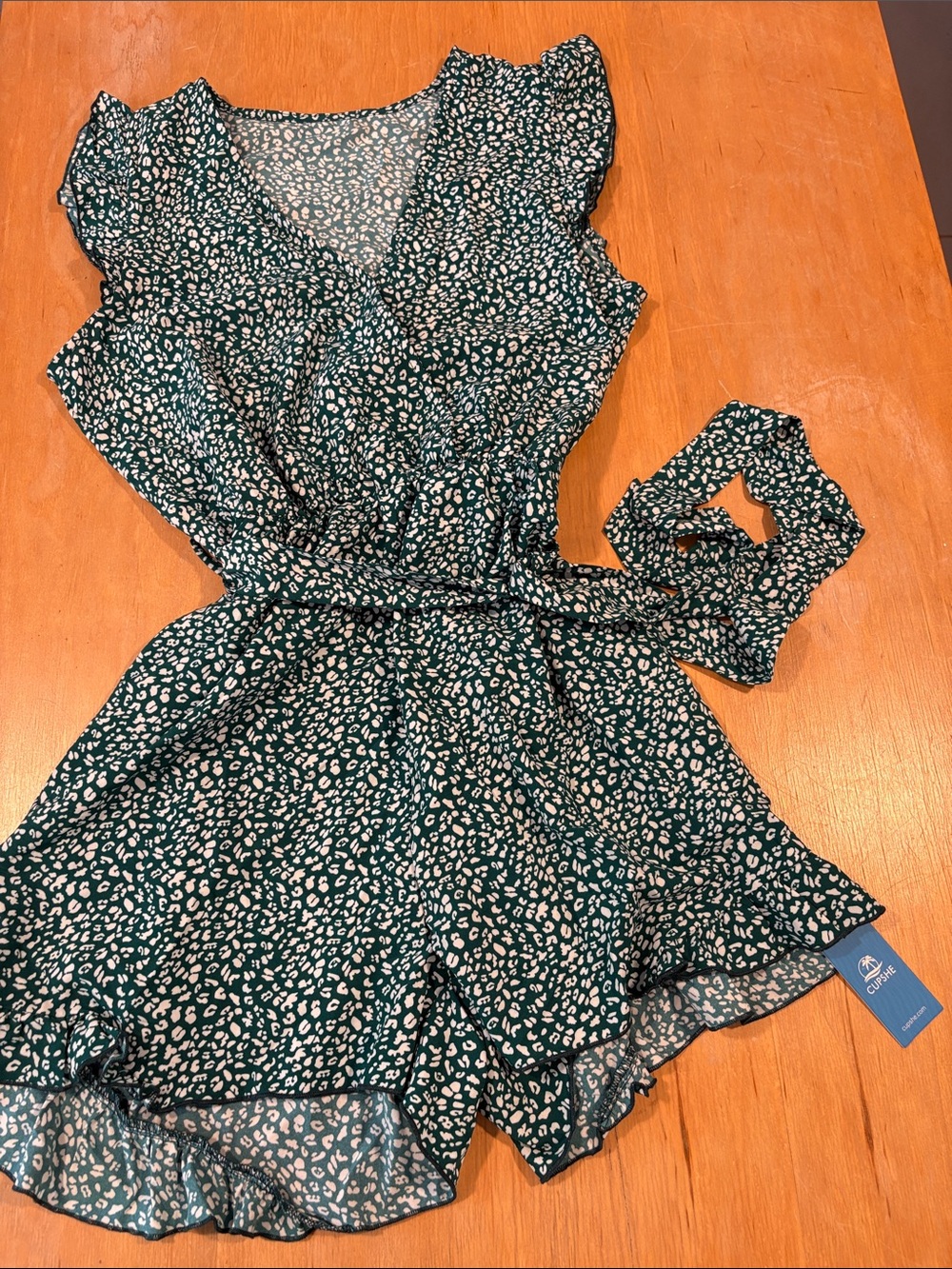 Cupshe Teal Green Printed Ruffle Romper with Scrunchie